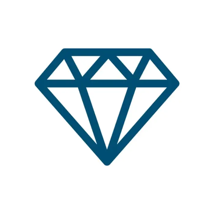Blue outline icon of a diamond with geometric facets on white background.