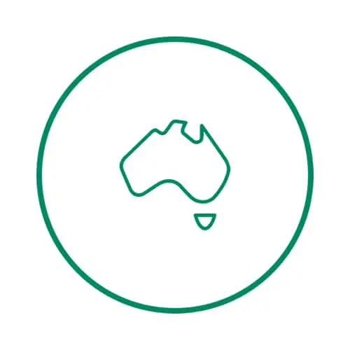 Green outline of Australia within a circular border