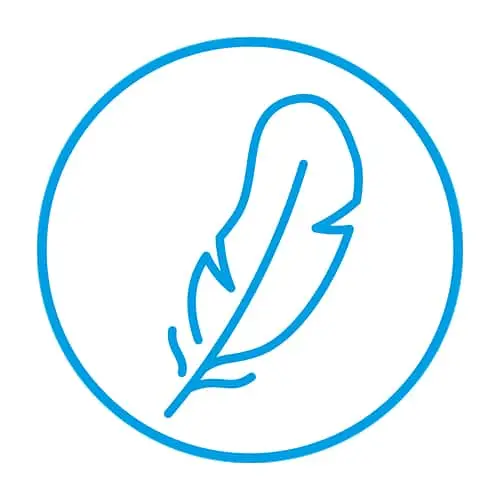 Blue outline icon of a feather inside a circle, representing writing or lightweight functionality.