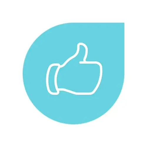 White outline of a thumbs-up icon on a turquoise teardrop-shaped background.