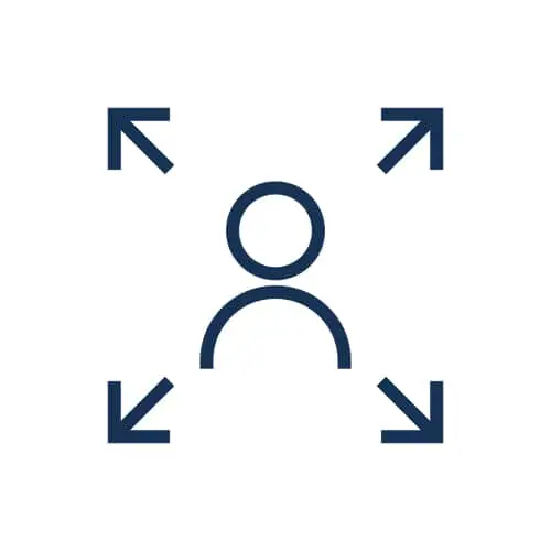 Dark blue icon showing a simplified person figure surrounded by four outward-pointing arrows in corners.