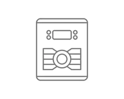 Simple line drawing of an irrigation control panel with digital display panel.