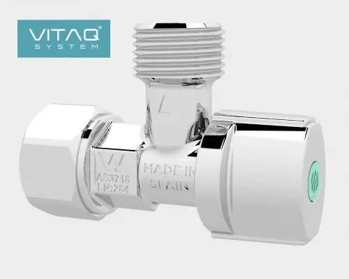 Chrome plumbing T-valve connector with threaded top connection and hexagonal ends