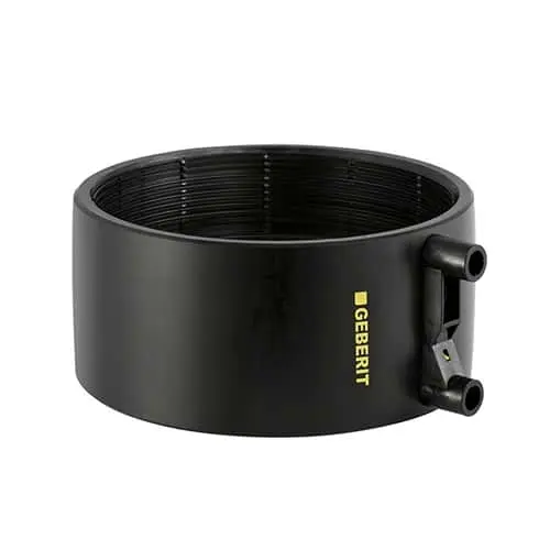 Black circular Geberit pipe connector with threaded interior and two small outlet ports on the side.