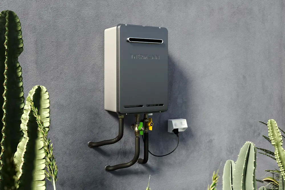 Grey Thermann hot water system, mounted to grey wall.