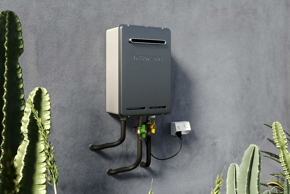 Grey Thermann hot water system, mounted to grey wall.