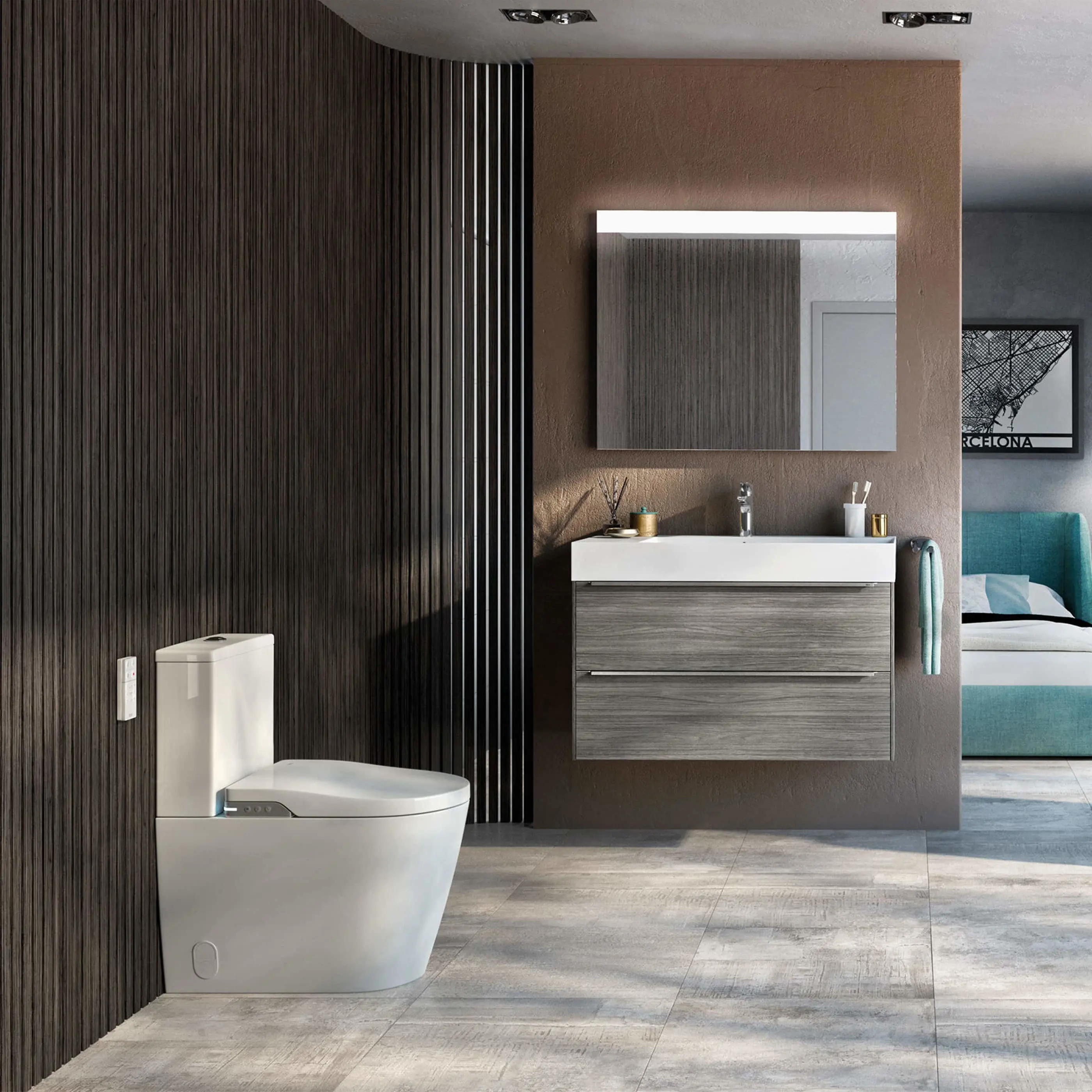 Modern bathroom with white toilet, wall-mounted gray vanity, illuminated mirror, and dark wood paneling. Bedroom visible beyond.