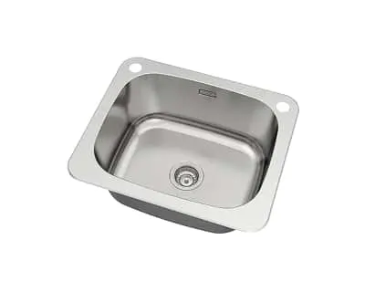 Stainless steel single-bowl kitchen sink with rounded corners and drain in center, viewed from above.