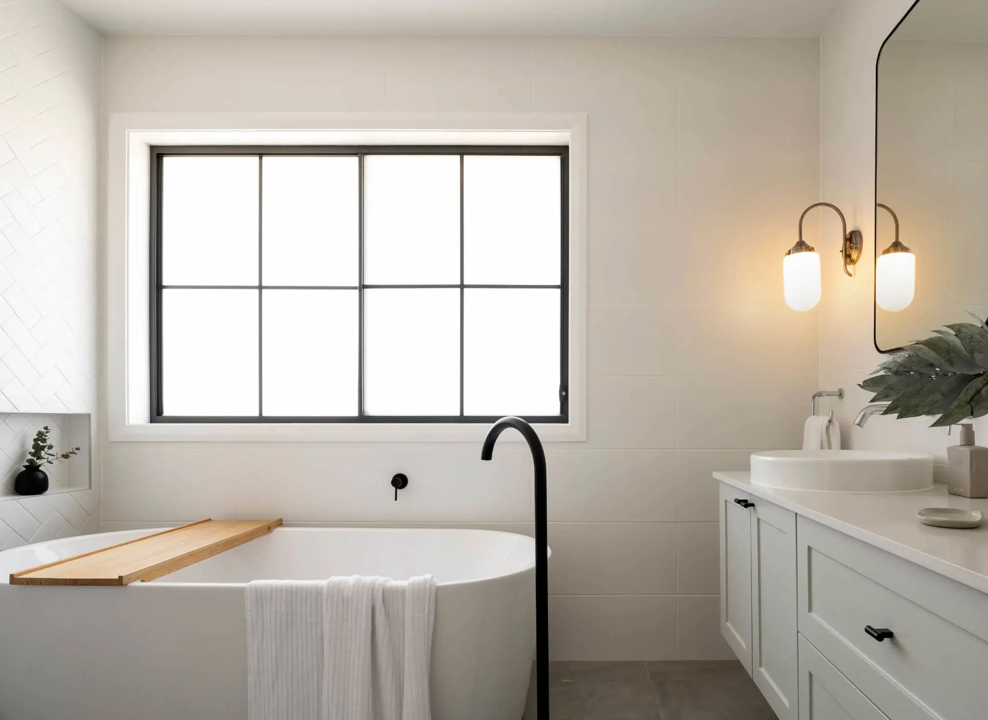 Modern white bathroom with freestanding tub, black fixtures, large window, and wall sconces above vessel sink.