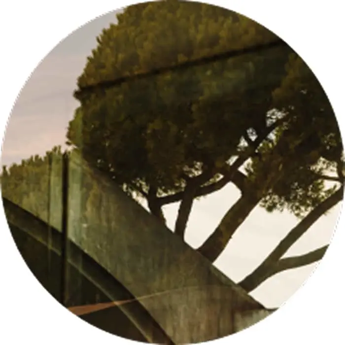 Circular image showing silhouettes of pine trees against a pale sky, with architectural elements in the foreground.