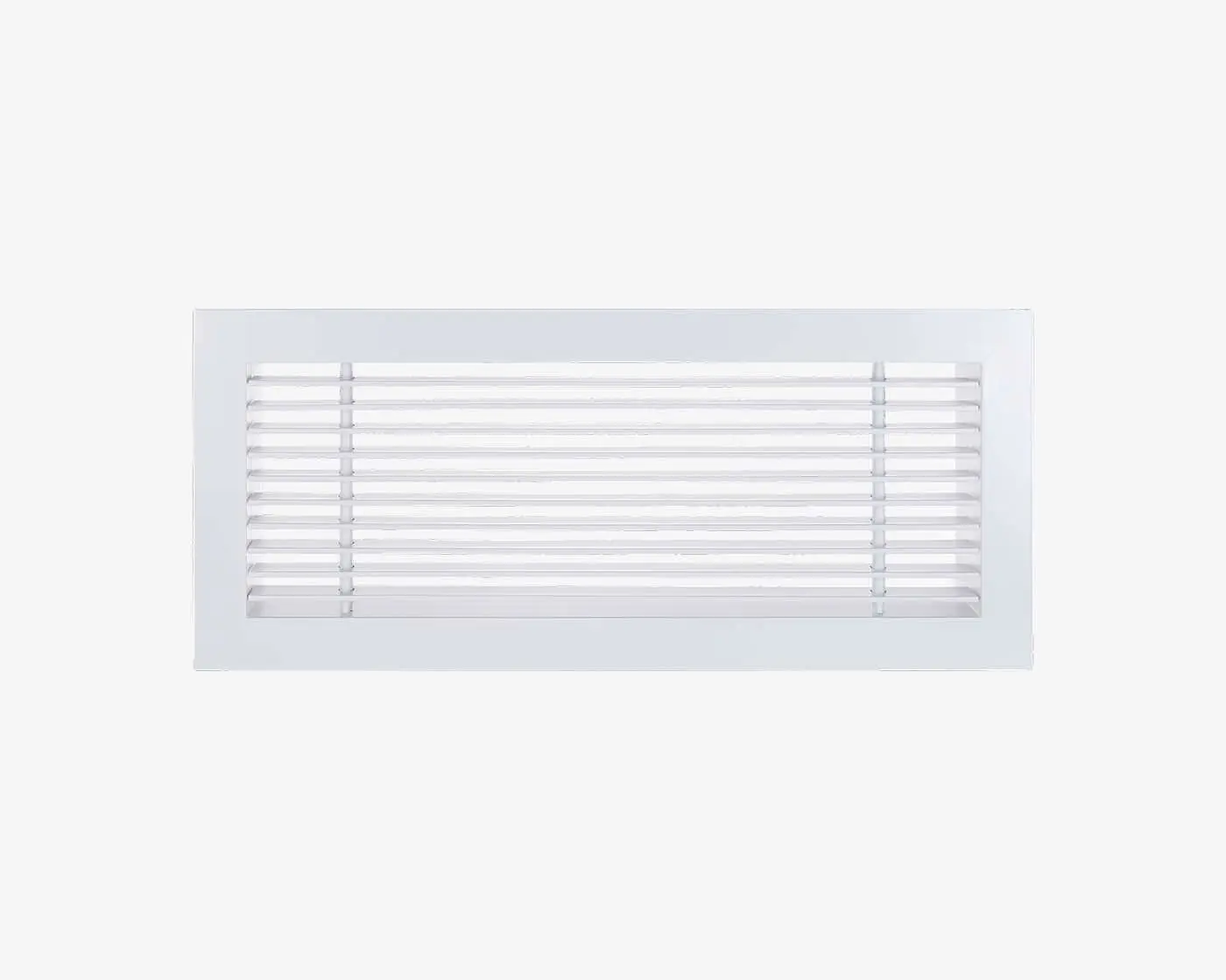 White rectangular air vent with horizontal slats for ventilation, mounted on a wall or ceiling.