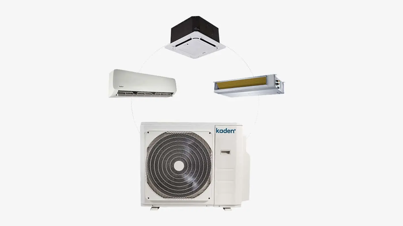 Kaden air conditioning system with outdoor unit connected to wall-mounted, ceiling cassette, and ducted indoor units.