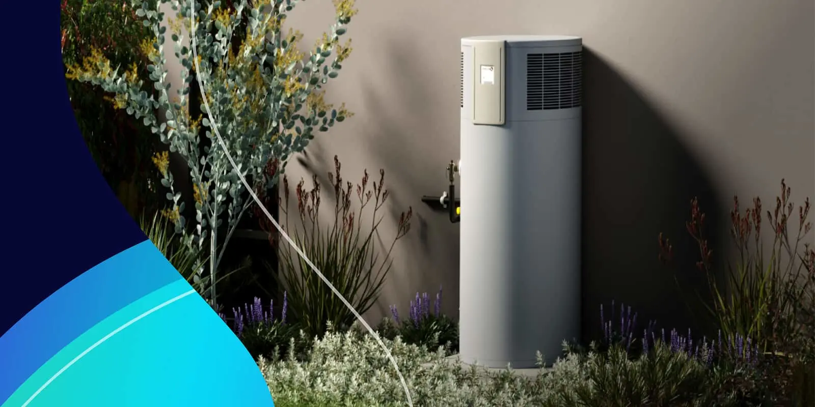 Gray water heater unit installed outdoors among decorative plants with blue geometric shape in corner.