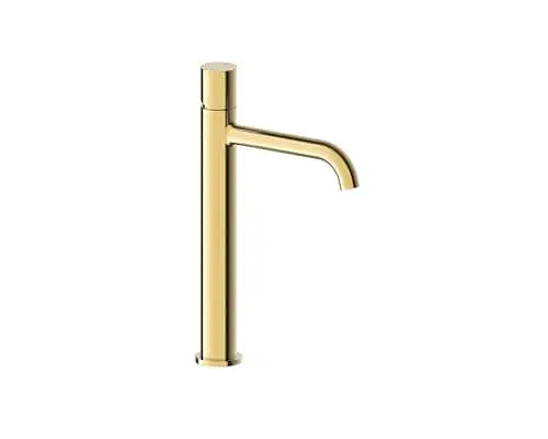 Mizu Drift Dial extended basin mixer in brushed brass.