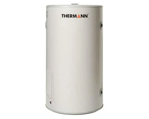 White cylindrical Thermann electric storage water tank with brand logo on front against white background.