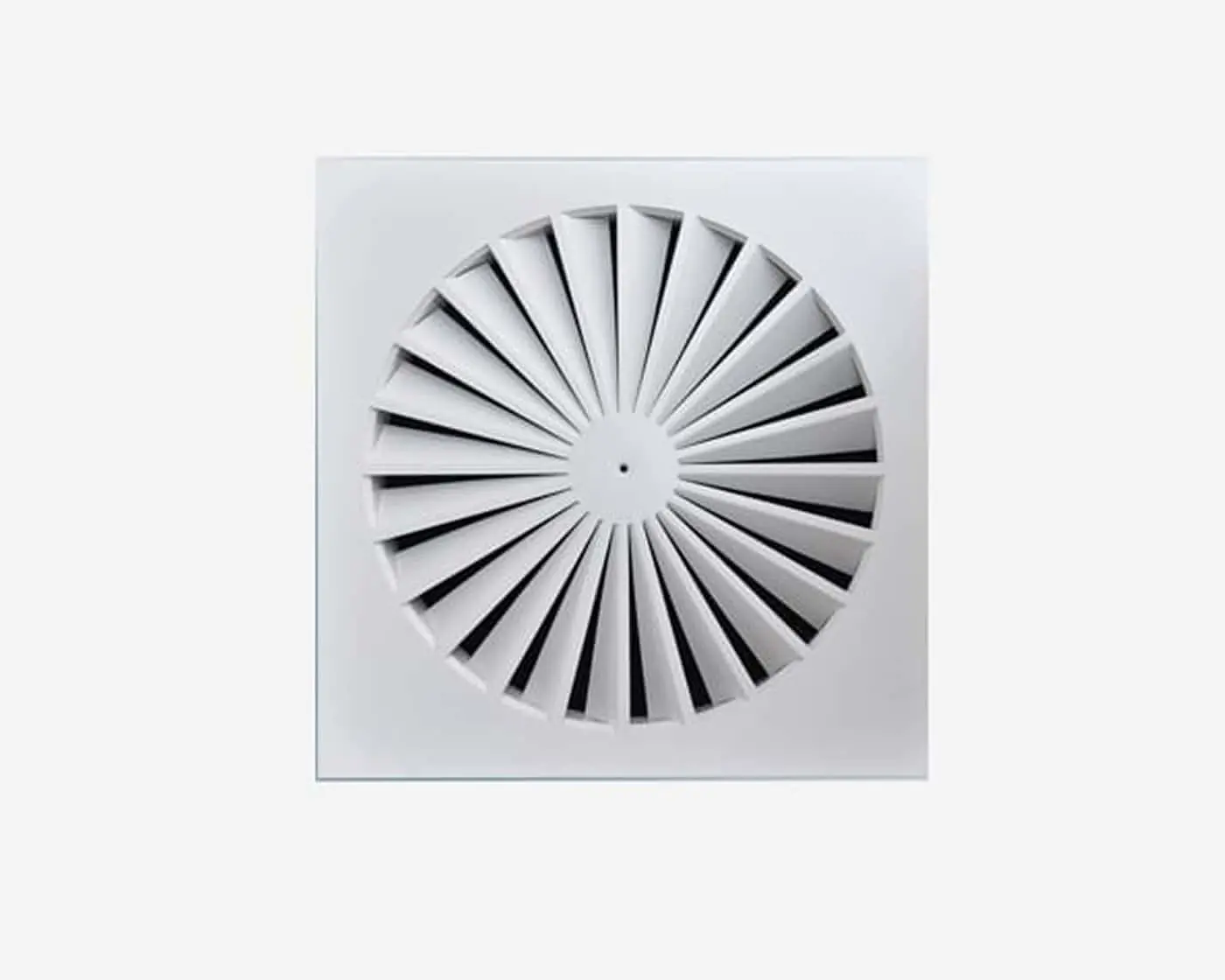 White circular air vent with radial blade pattern mounted on a square panel for ventilation systems.