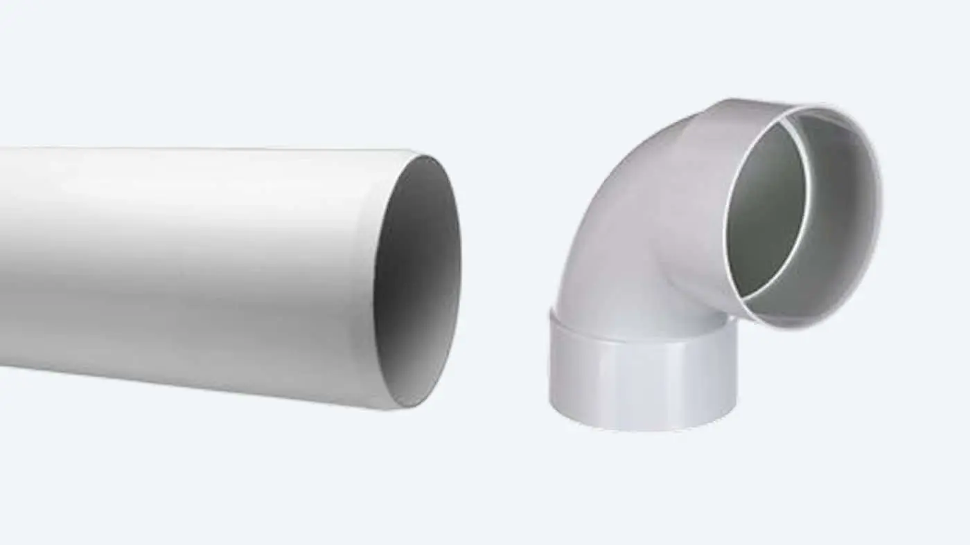 White PVC plumbing pipes showing a straight section and a 90-degree elbow joint against a white background.