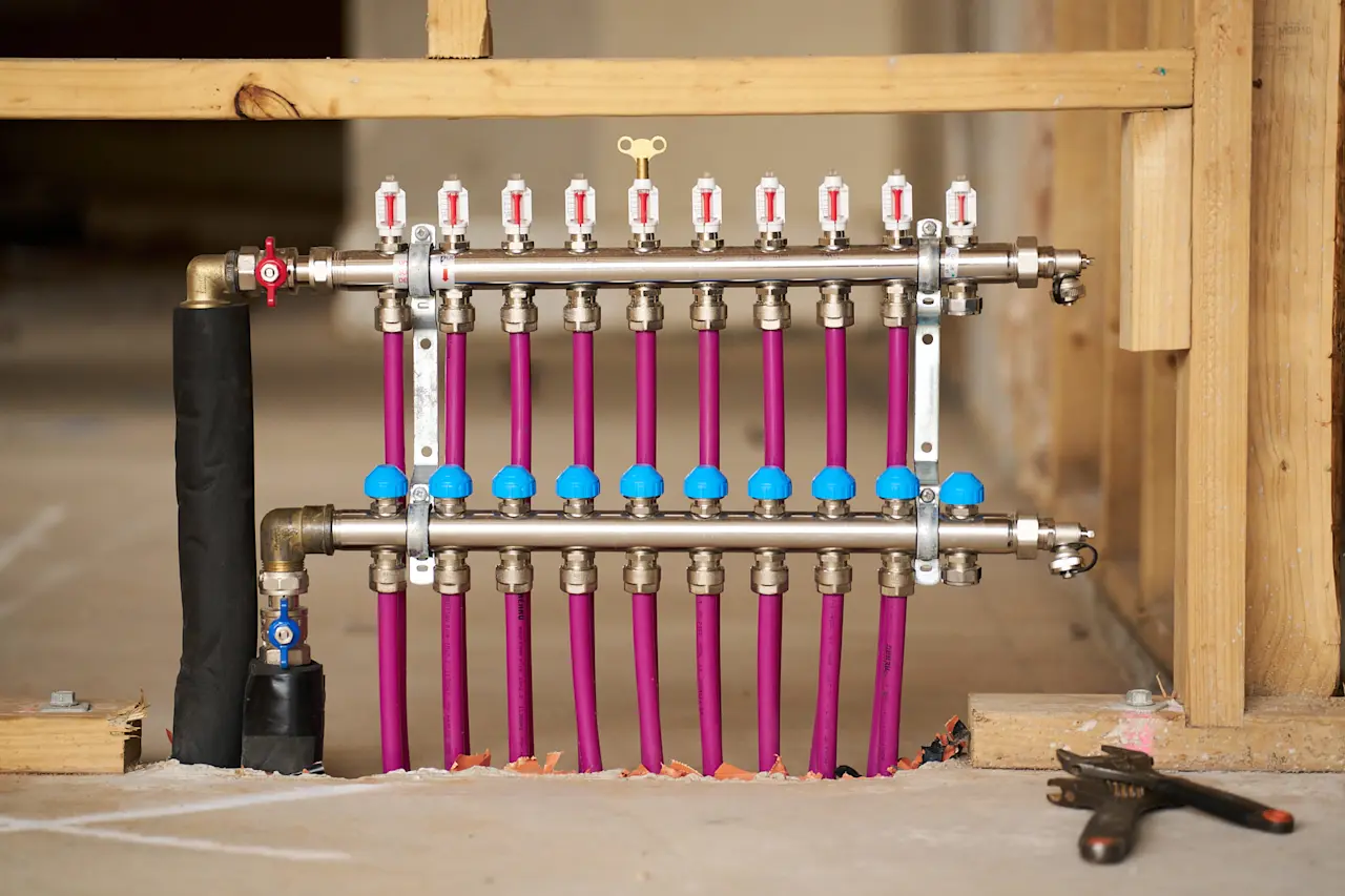Radiant heating manifold with pink PEX pipes, flow meters, and valves mounted on wooden framing in construction setting.