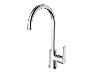 Modern chrome kitchen faucet with tall curved spout and single lever handle against white background.