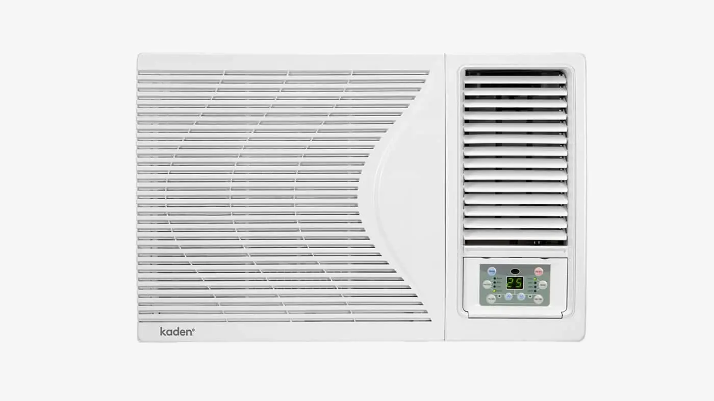 White Kaden window air conditioner unit with digital control panel showing temperature setting of 23 degrees.