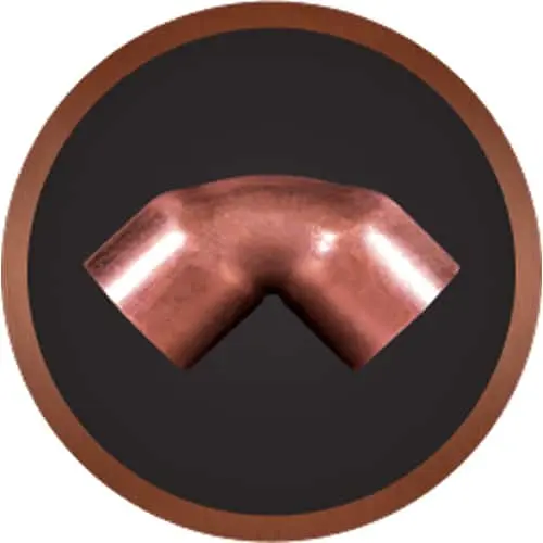 Copper elbow pipe fitting displayed on a black circular background with copper-colored border.