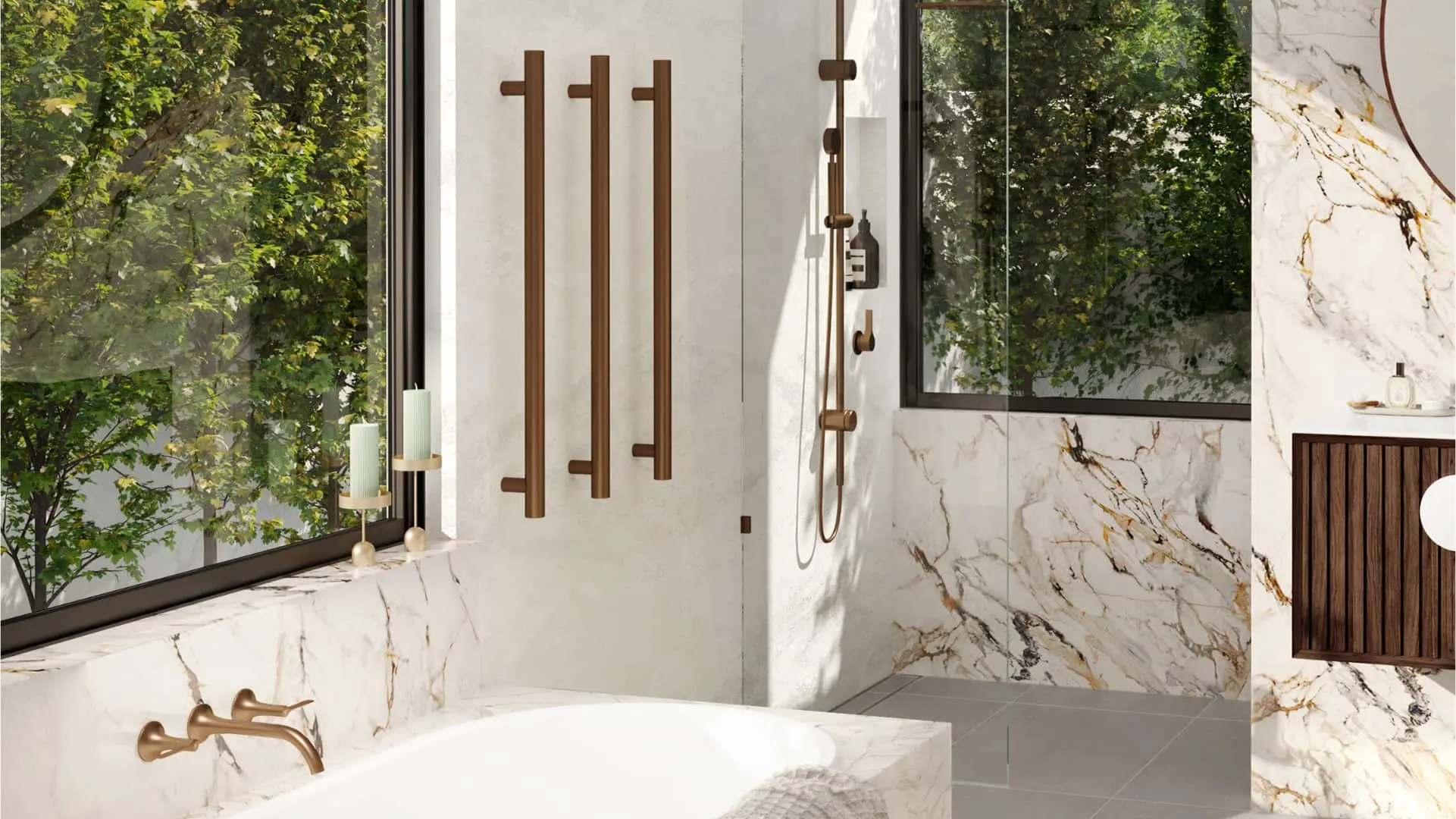 Modern bathroom with marble walls, bronze fixtures, glass shower, and large windows overlooking greenery.