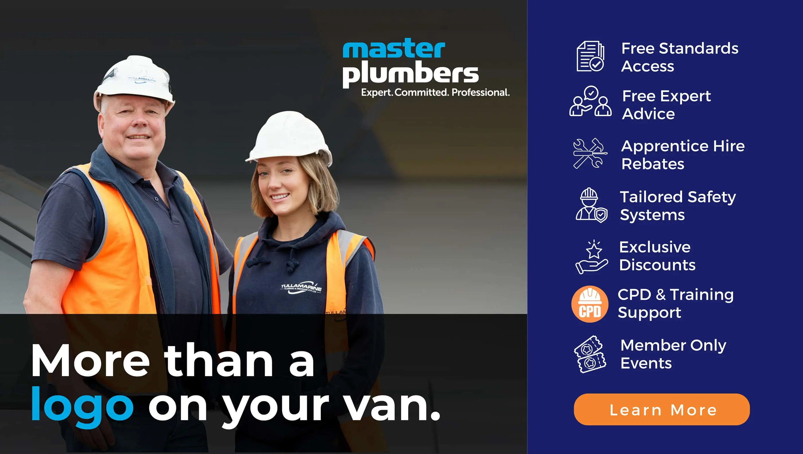 Two plumbers in safety gear with Master Plumbers logo and membership benefits listed on blue background.