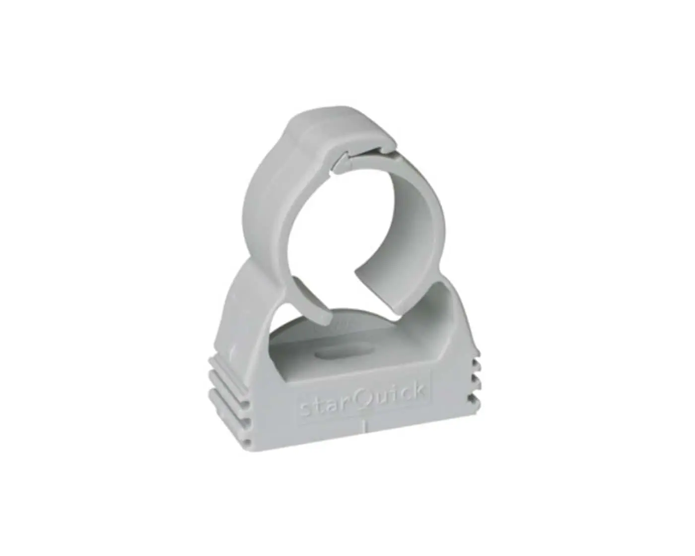 Gray plastic pipe clip or mounting bracket with "starQuick" branding on its base.