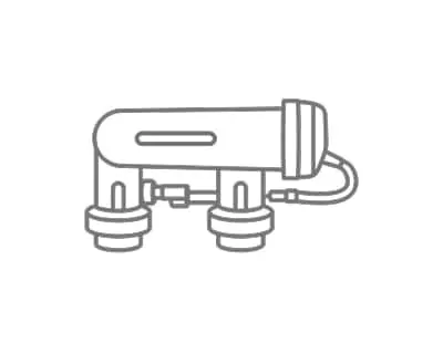 Simple line drawing of a water filtration system with a cylindrical filter and two circular filter components