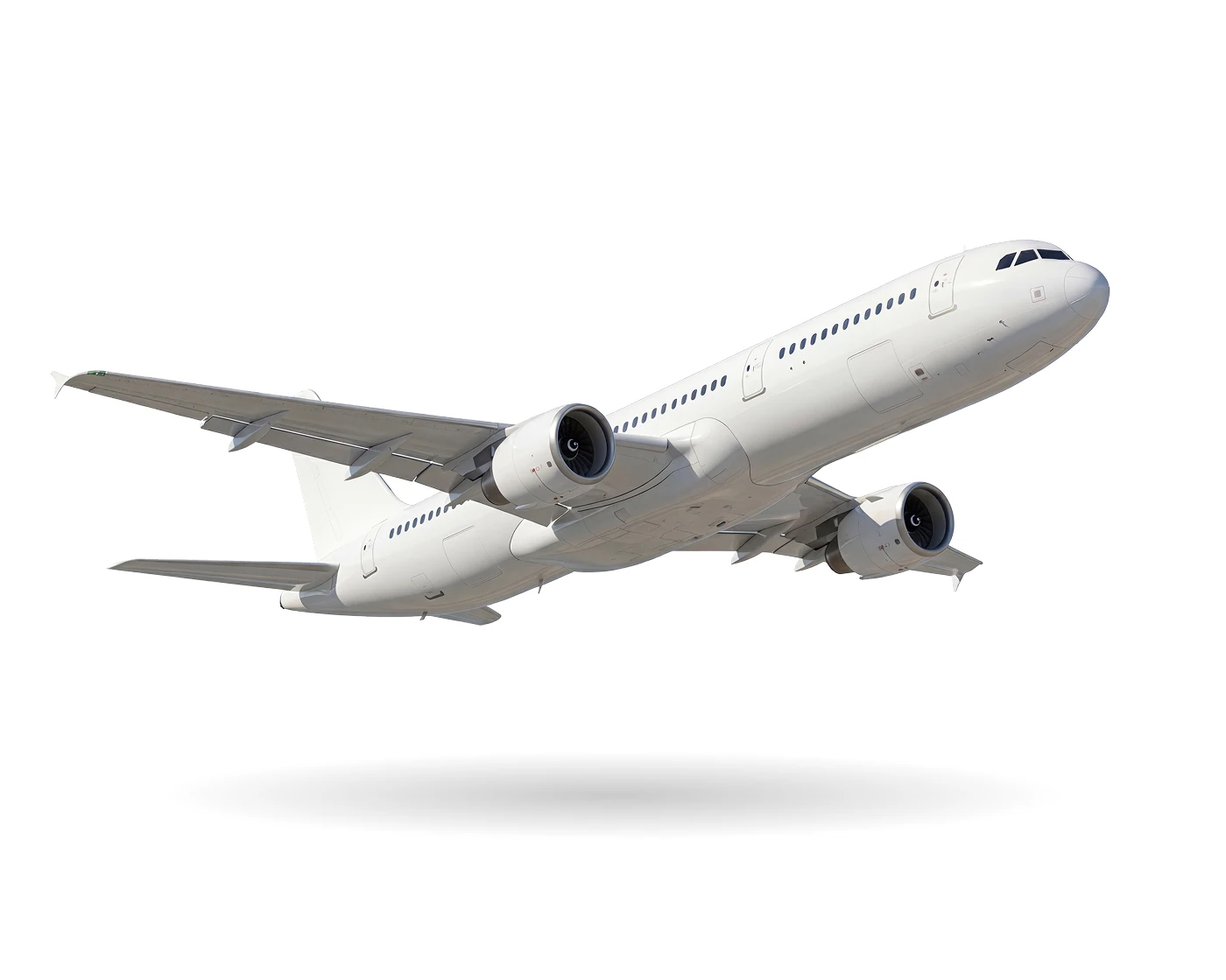 A white commercial passenger jet with two engines ascending against a plain white background.