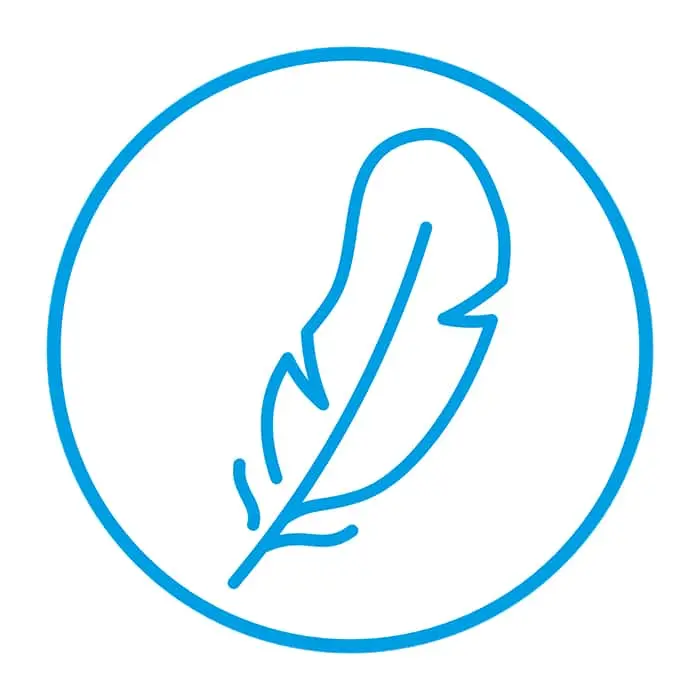 Blue outline of a feather icon inside a circular border