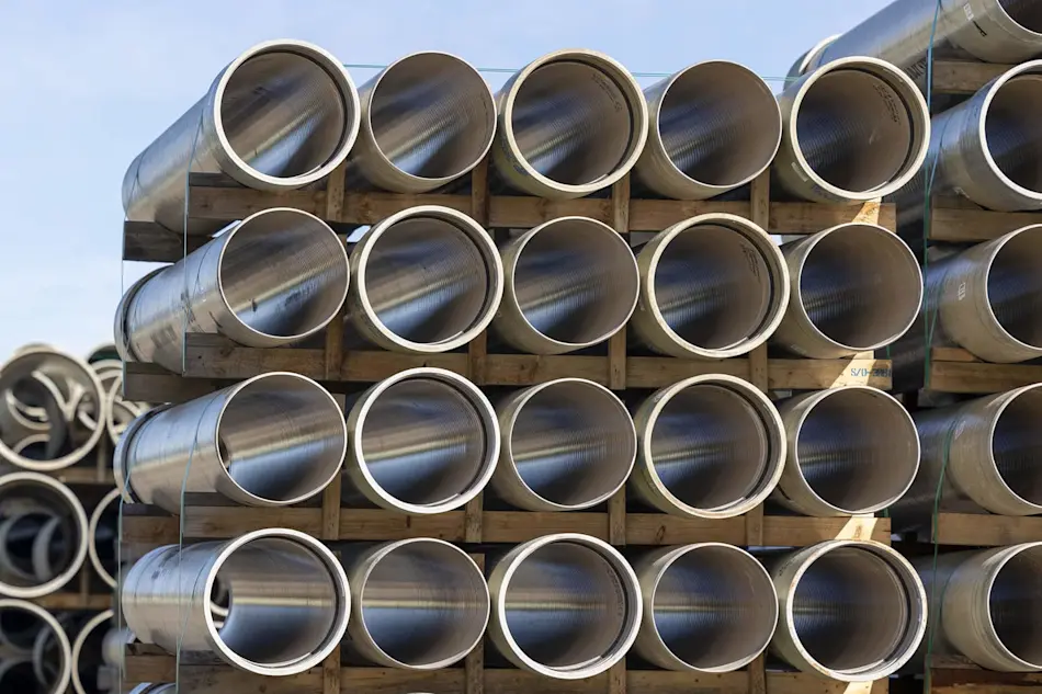 Stacked metal pipes with threaded ends arranged in rows on wooden supports against a blue sky background.