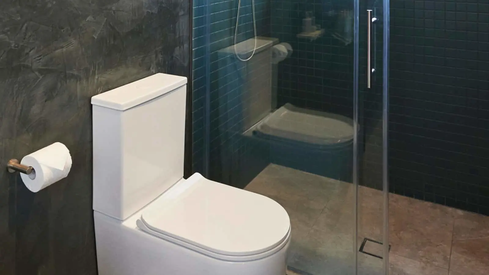 Modern bathroom with white toilet, dark gray walls, and glass shower enclosure with blue-green tiled interior.