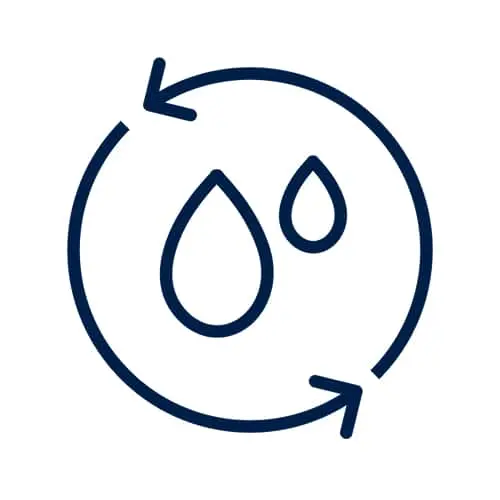 Dark blue circular icon with two water droplets inside and arrows indicating a recycling or water cycle process.