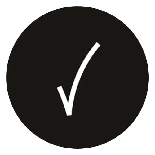 White checkmark symbol on a black circular background
