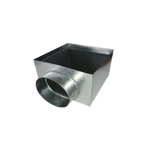 Metal HVAC duct connector with square box and round outlet pipe, made of galvanized steel.