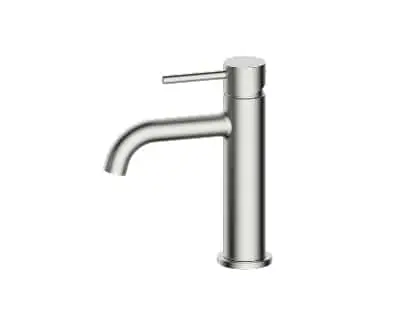 Mizu Drift curved spout basin mixer in brushed nickel.