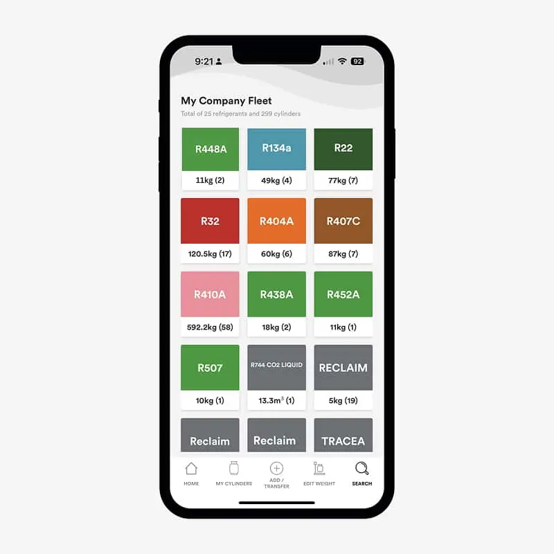 Smartphone screen showing "My Company Fleet" app with colored tiles displaying different refrigerant types and their quantities.