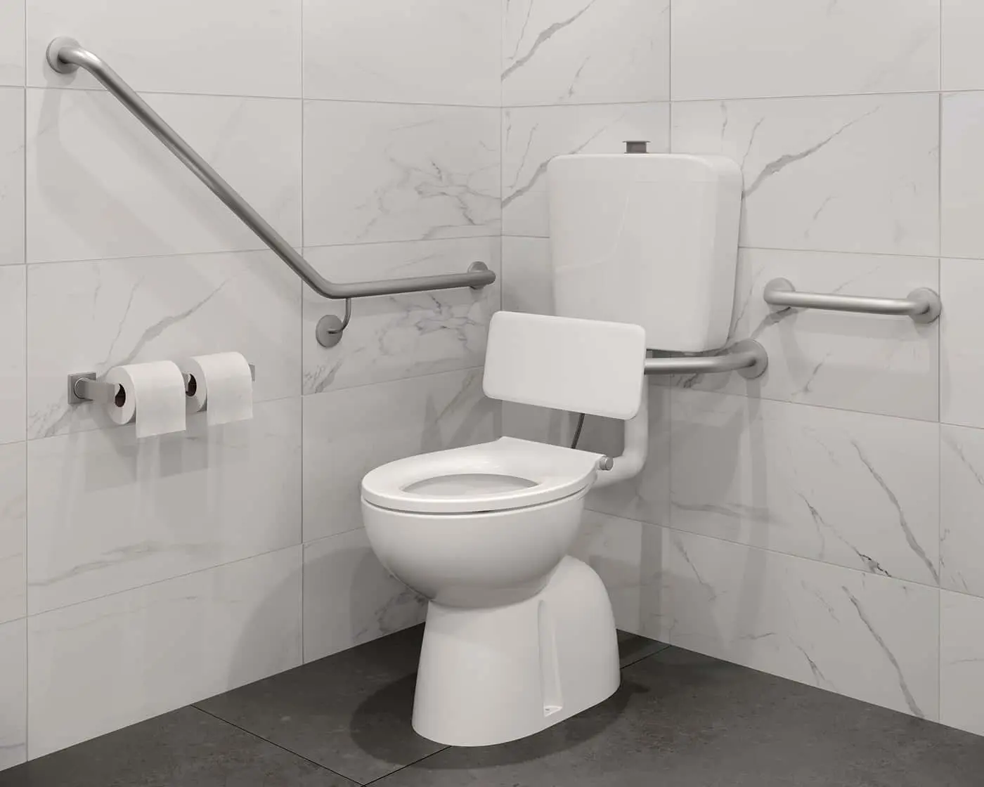 White accessible toilet with back support, stainless steel grab rails, and dual toilet paper holder on marble-tiled walls.