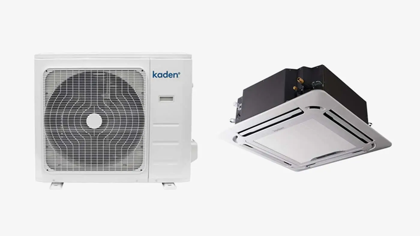 Kaden air conditioning system with outdoor compressor unit and indoor ceiling-mounted cassette unit on white background.