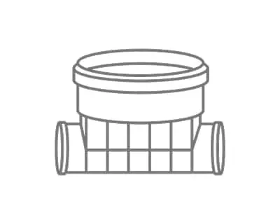 Simple line drawing of a plumbing fitting with a circular top and grid-patterned base with two side connections.