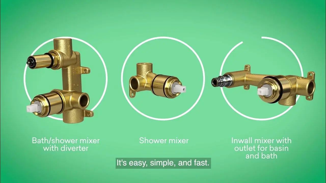 Three brass plumbing fixtures on green background: bath/shower mixer with diverter, shower mixer, and inwall mixer.