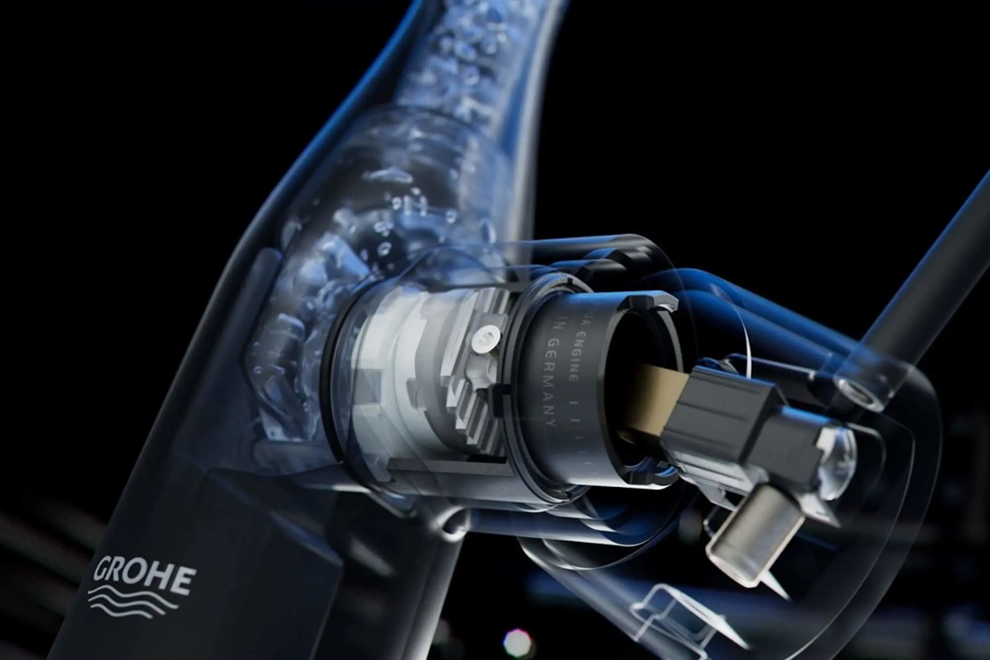 Close-up of a GROHE plumbing fixture showing internal mechanical components with transparent blue casing.