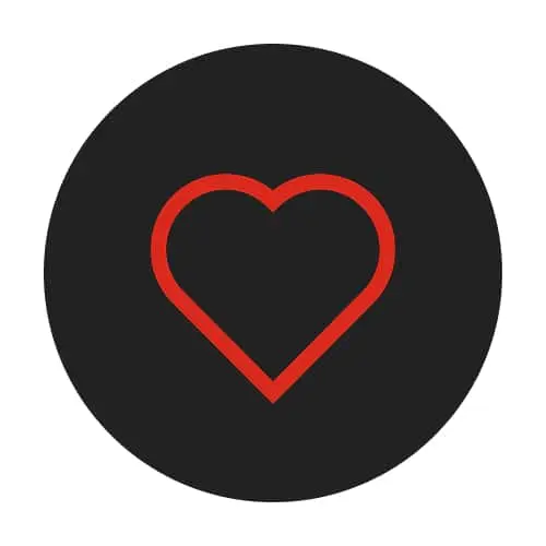 Red heart outline icon on a black circular background.