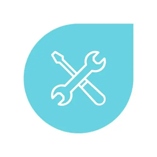 White crossed wrench and screwdriver icons on a turquoise teardrop-shaped background.