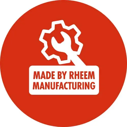 Red circular logo with white gear and wrench icon above text reading "MADE BY RHEEM MANUFACTURING"