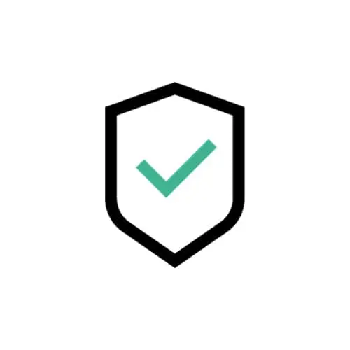 Black shield icon with a teal checkmark inside, representing security or protection verification.