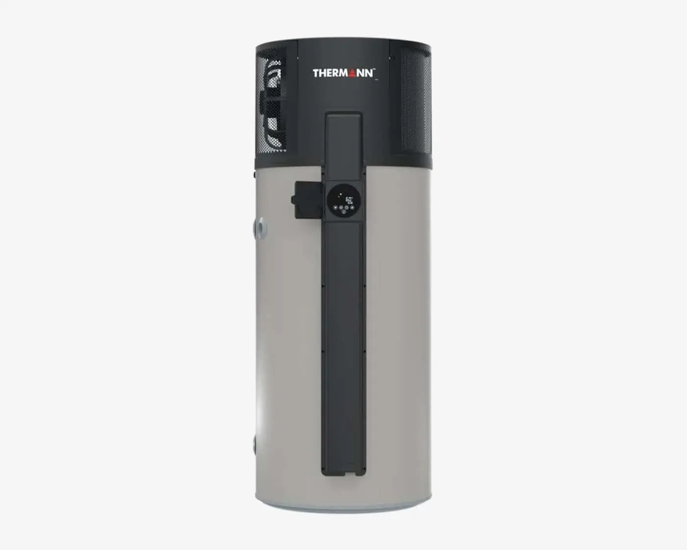 Thermann water heater with cylindrical gray body, black top section, and digital control panel mounted on front.