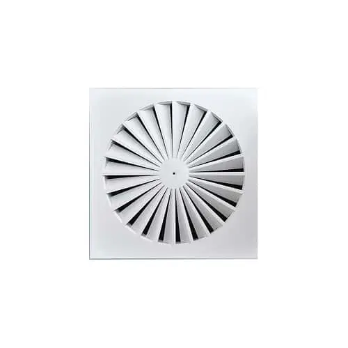 White circular air vent with radial blade pattern mounted on a square panel.