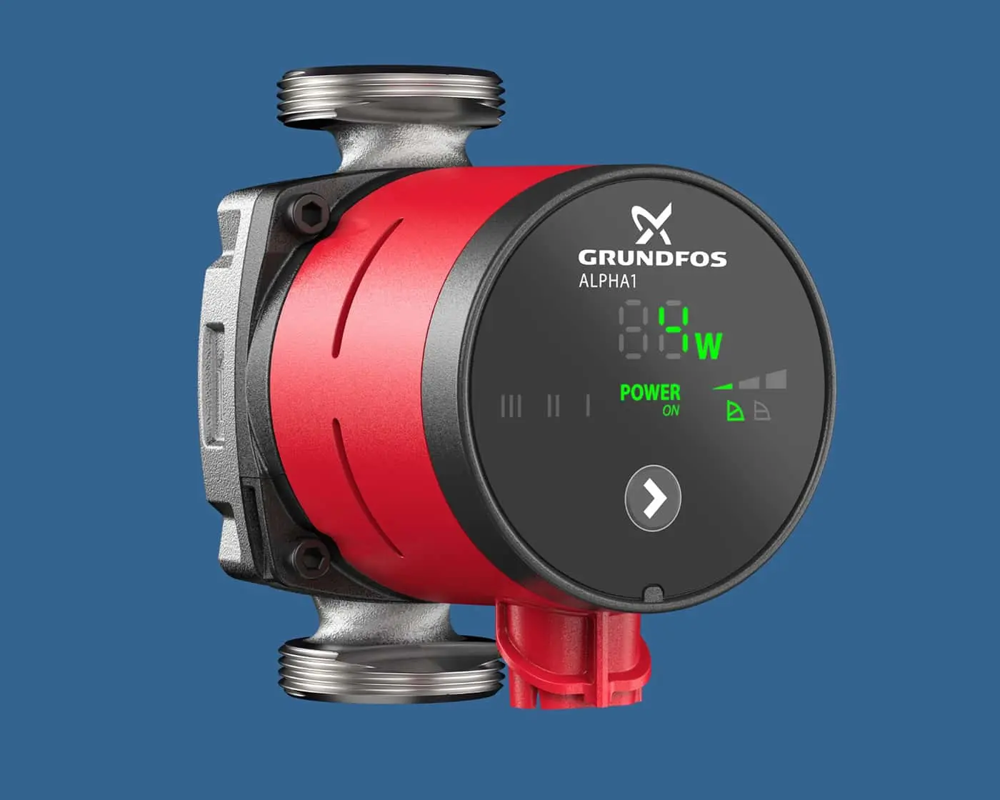 Grundfos ALPHA1 circulation pump with red band, digital display showing 14W power on, against blue background.